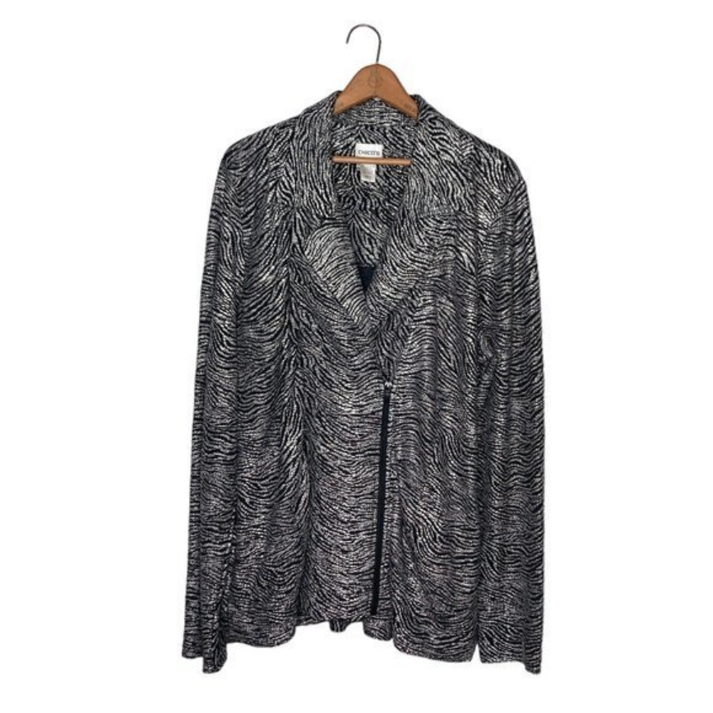 Chico's‎ 3 Black Silver Textured Stretch Zebra Moto Zip Front Jacket XL 16 18
